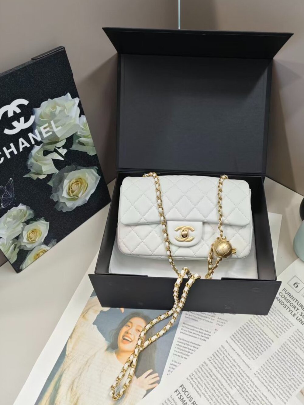 Chanel Classic Flap White Lambskin Adjustable Gold Ball Chain Crossbody Bag